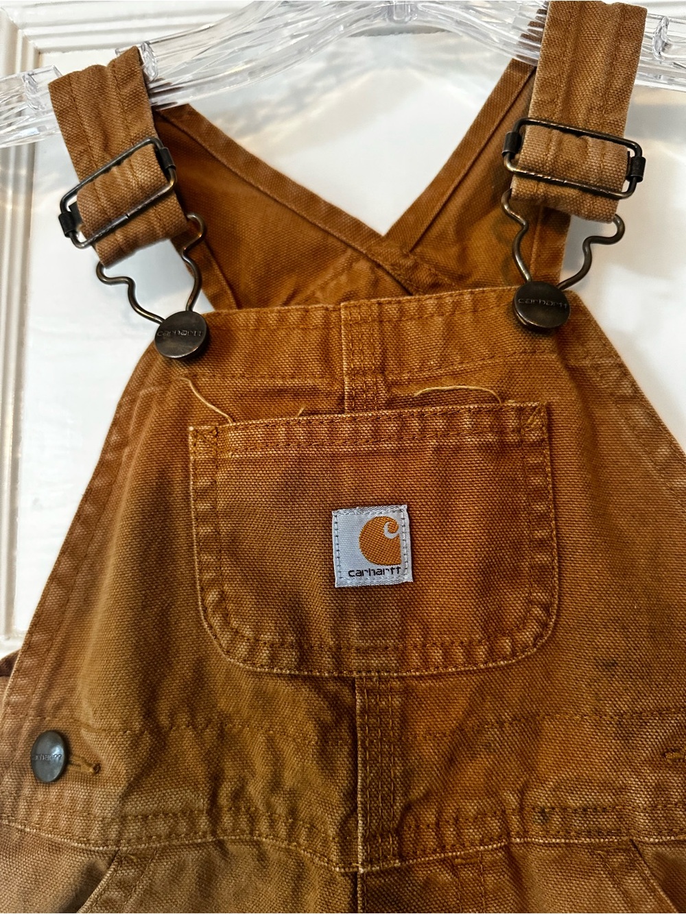 Carhartt Kids Tan Brown Canvas Suspenders Overalls Size 18 months